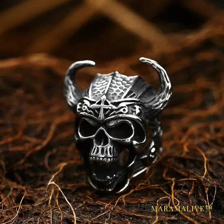 Stainless Steel Viking Warrior Skull Cross Men's Ring Punk Nordic Horns War God High Quality Jewelry