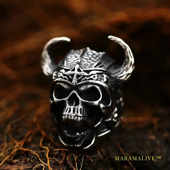 Stainless Steel Viking Warrior Skull Cross Men's Ring Punk Nordic Horns War God High Quality Jewelry