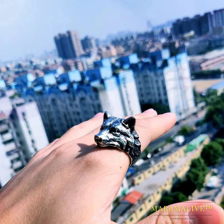 Stainless Steel norse viking Amulet wolf head animal Man ring Odin for Scandinavian fashion jewelry