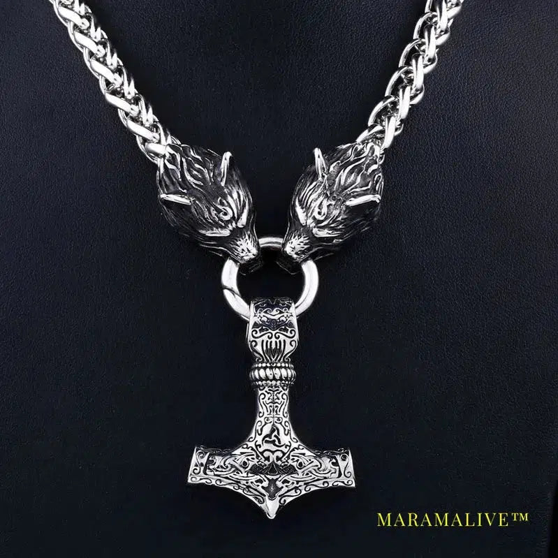 Stainless steel Men Wolf head norse viking amulet thor hammer pendant necklace viking king chain