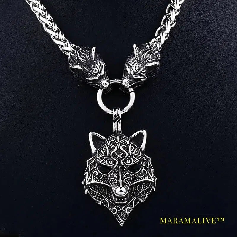 Stainless steel Men Wolf head norse viking amulet thor hammer pendant necklace viking king chain