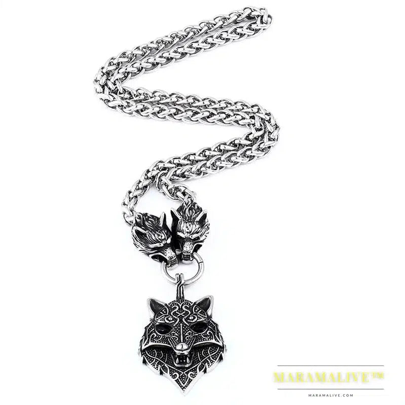 Stainless steel Men Wolf head norse viking amulet thor hammer pendant necklace viking king chain