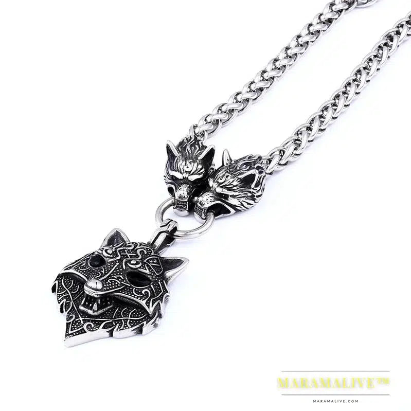 Stainless steel Men Wolf head norse viking amulet thor hammer pendant necklace viking king chain