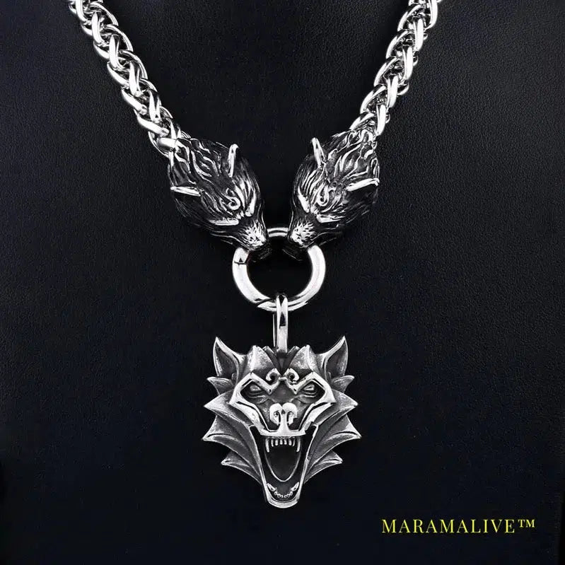 Stainless steel Men Wolf head norse viking amulet thor hammer pendant necklace viking king chain