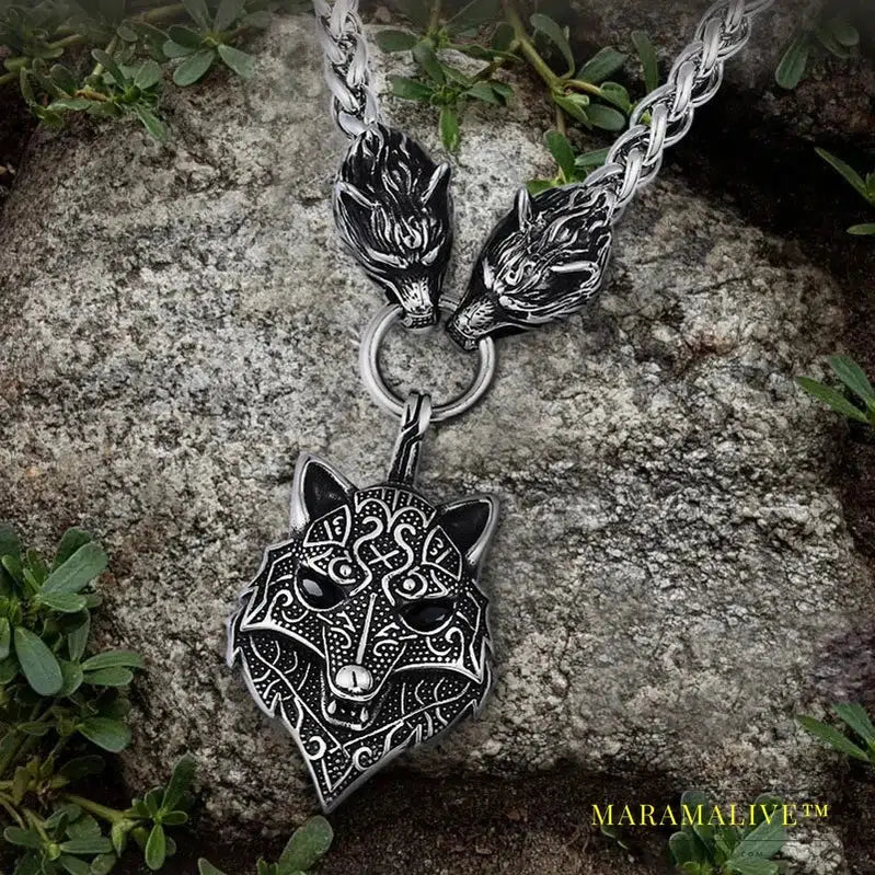 Stainless steel Men Wolf head norse viking amulet thor hammer pendant necklace viking king chain