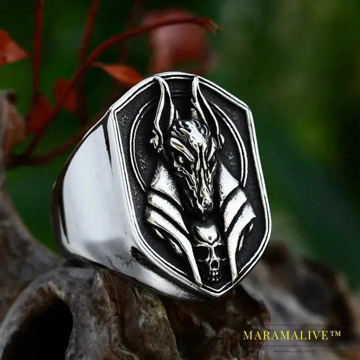 Stainless steel Wolf Head Men Ring Vintage Egyptian Anubis God Fashion Jewelry Biker Ring Gift