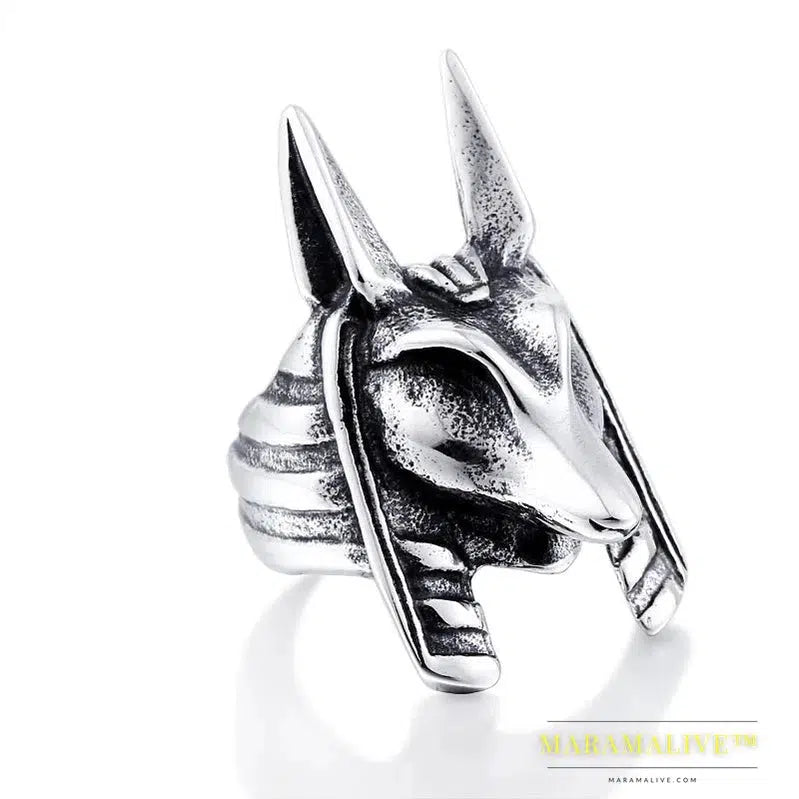 Stainless steel Wolf Head Men Ring Vintage Egyptian Anubis God Fashion Jewelry Biker Ring Gift