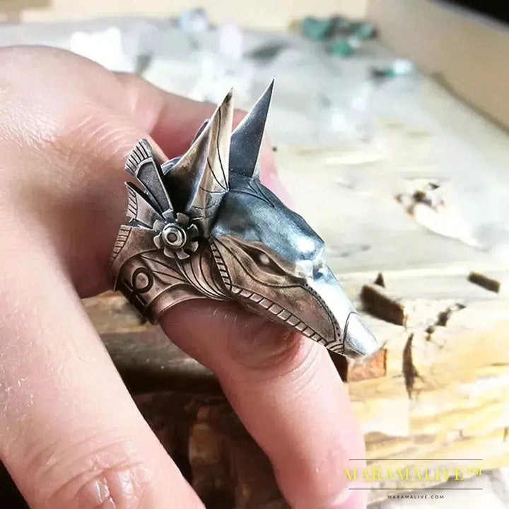 Stainless steel Wolf Head Men Ring Vintage Egyptian Anubis God Fashion Jewelry Biker Ring Gift