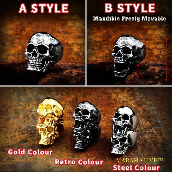 Stainless steel punk Gold Color skull soul leader can be moved three style Ring men Party fashion Retro jewelry