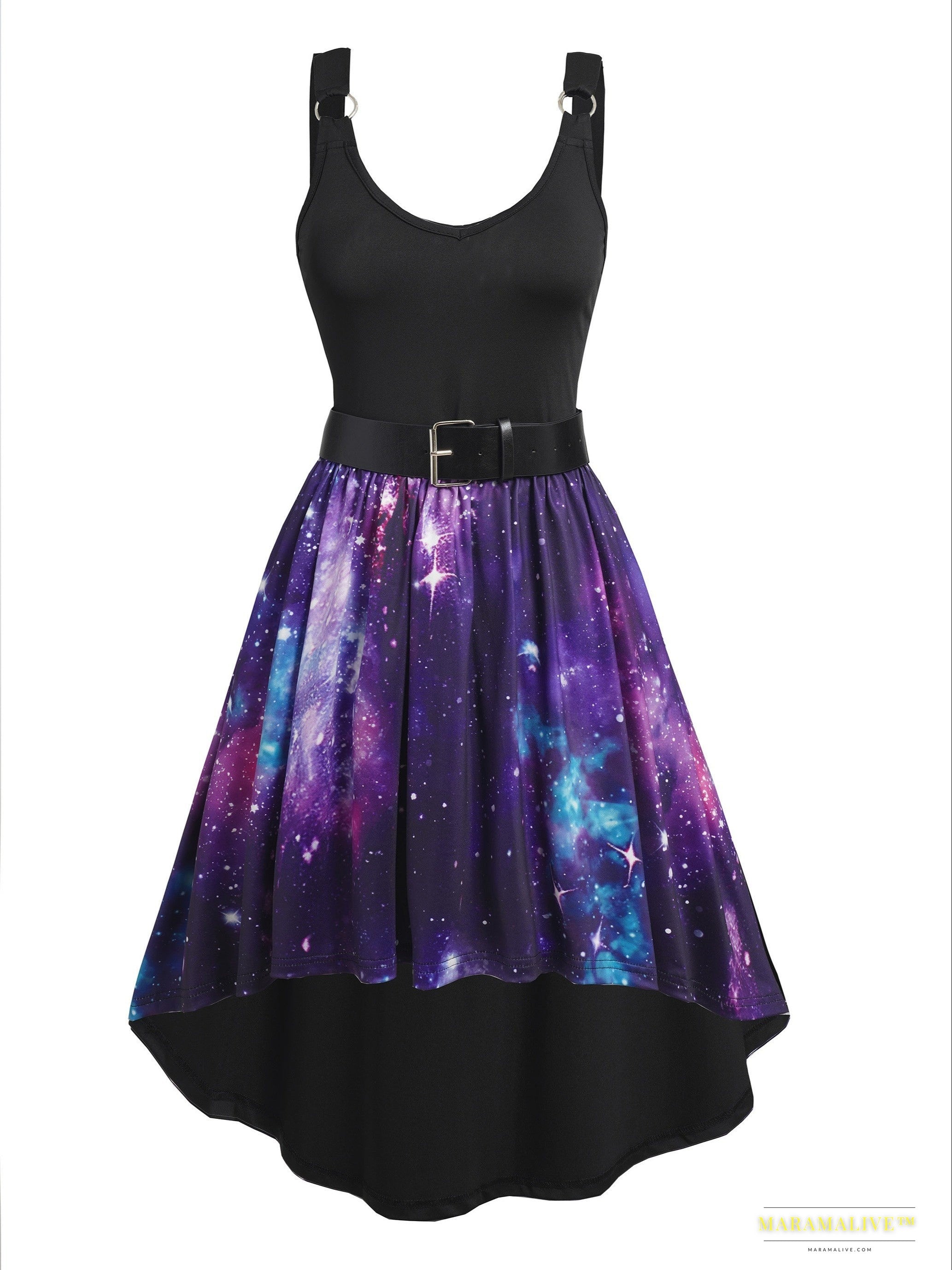 Starry Night Gothic-Inspired Dress with Asymmetrical Hem, Adjustable Belt & Metal Shoulder Detail - Elegant Polyester Blend for Women