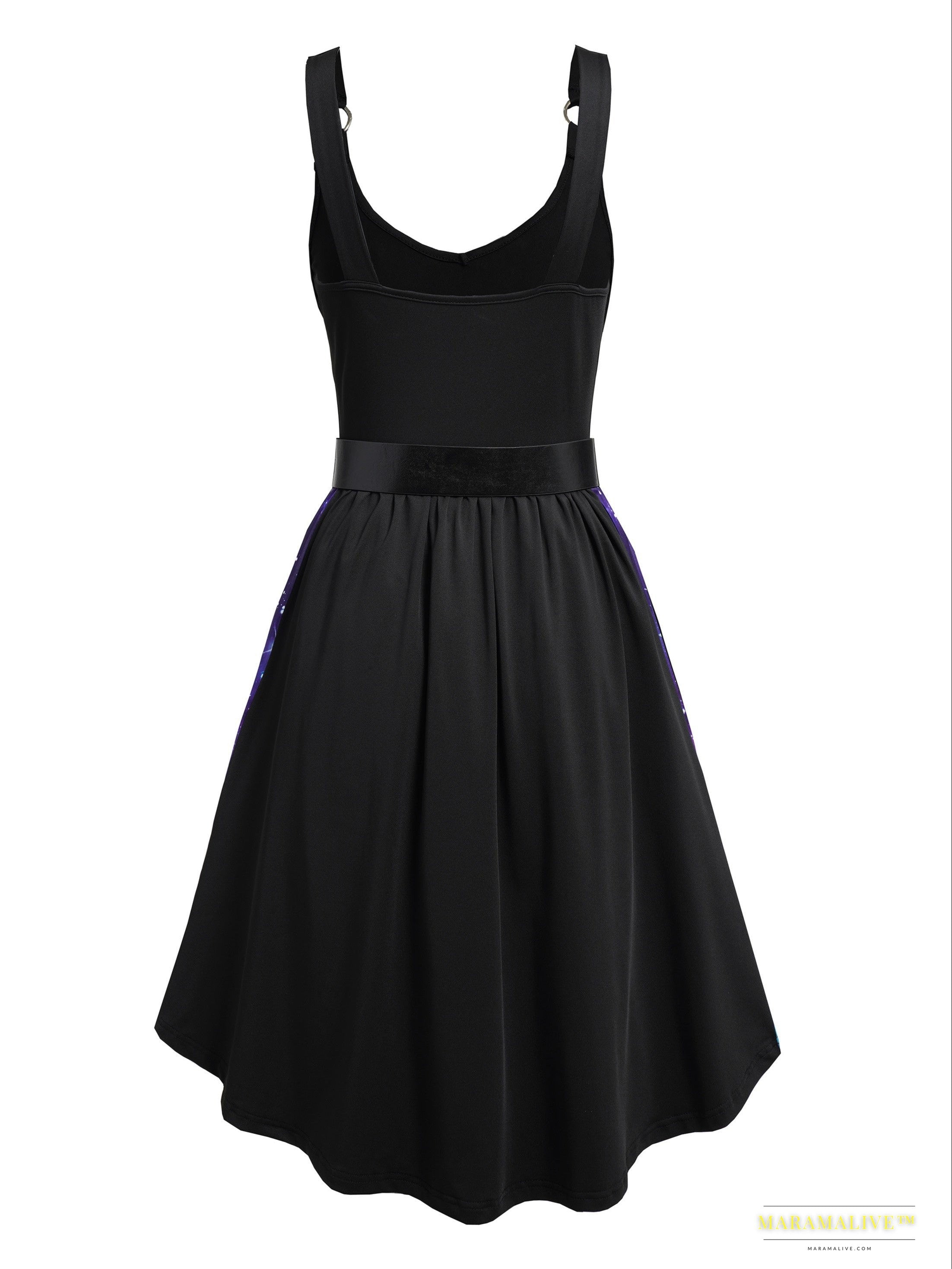 Starry Night Gothic-Inspired Dress with Asymmetrical Hem, Adjustable Belt & Metal Shoulder Detail - Elegant Polyester Blend for Women