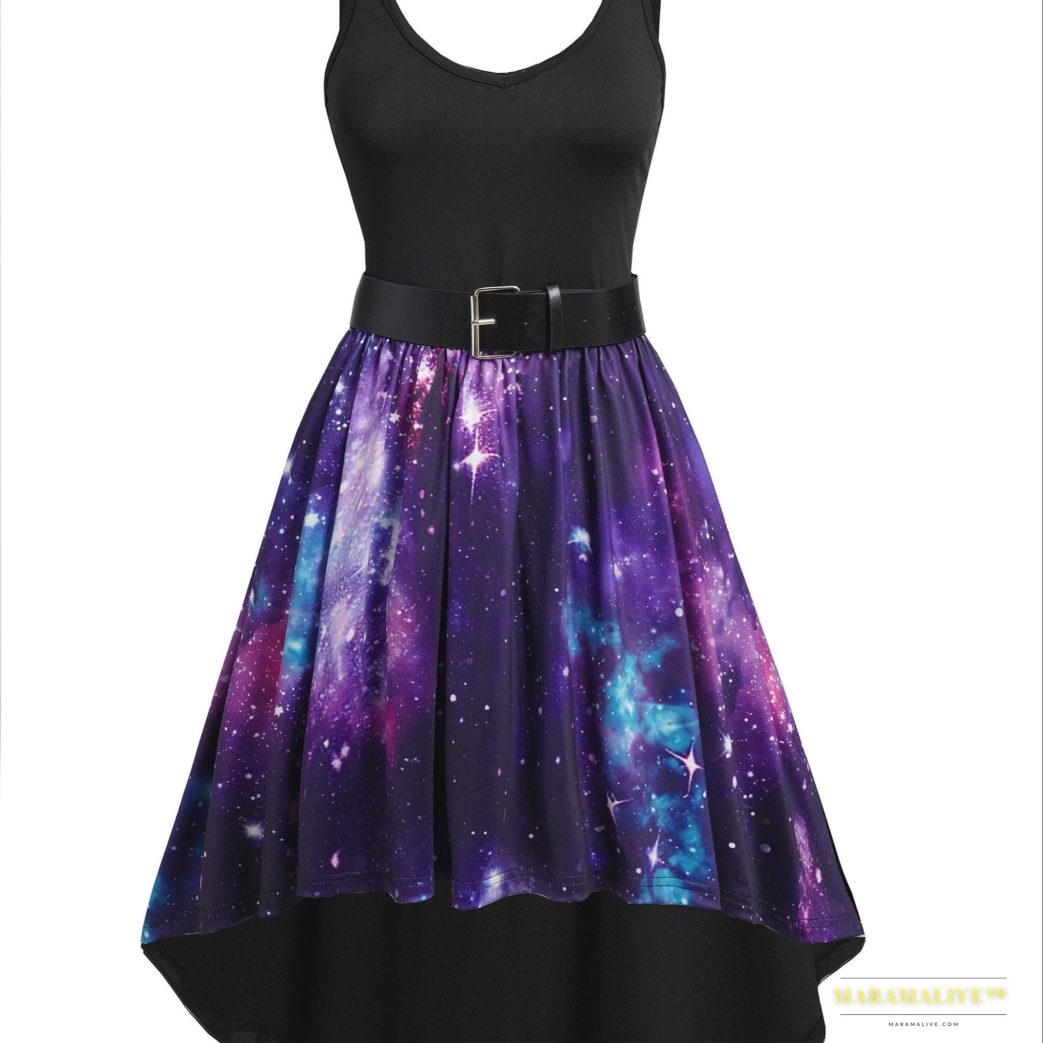 Starry Night Gothic-Inspired Dress with Asymmetrical Hem, Adjustable Belt & Metal Shoulder Detail - Elegant Polyester Blend for Women