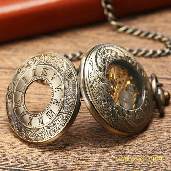 Steampunk Bronze Copper Mechanical Pocket Watch Skeleton Chain Roman Numbers Vintage Pendant Watches with 30cm Chain Gift P839C