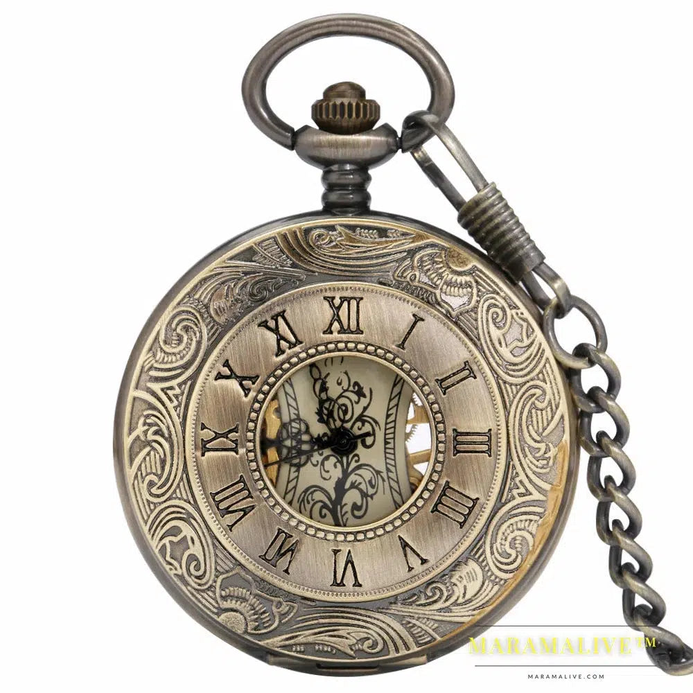 Steampunk Bronze Copper Mechanical Pocket Watch Skeleton Chain Roman Numbers Vintage Pendant Watches with 30cm Chain Gift P839C