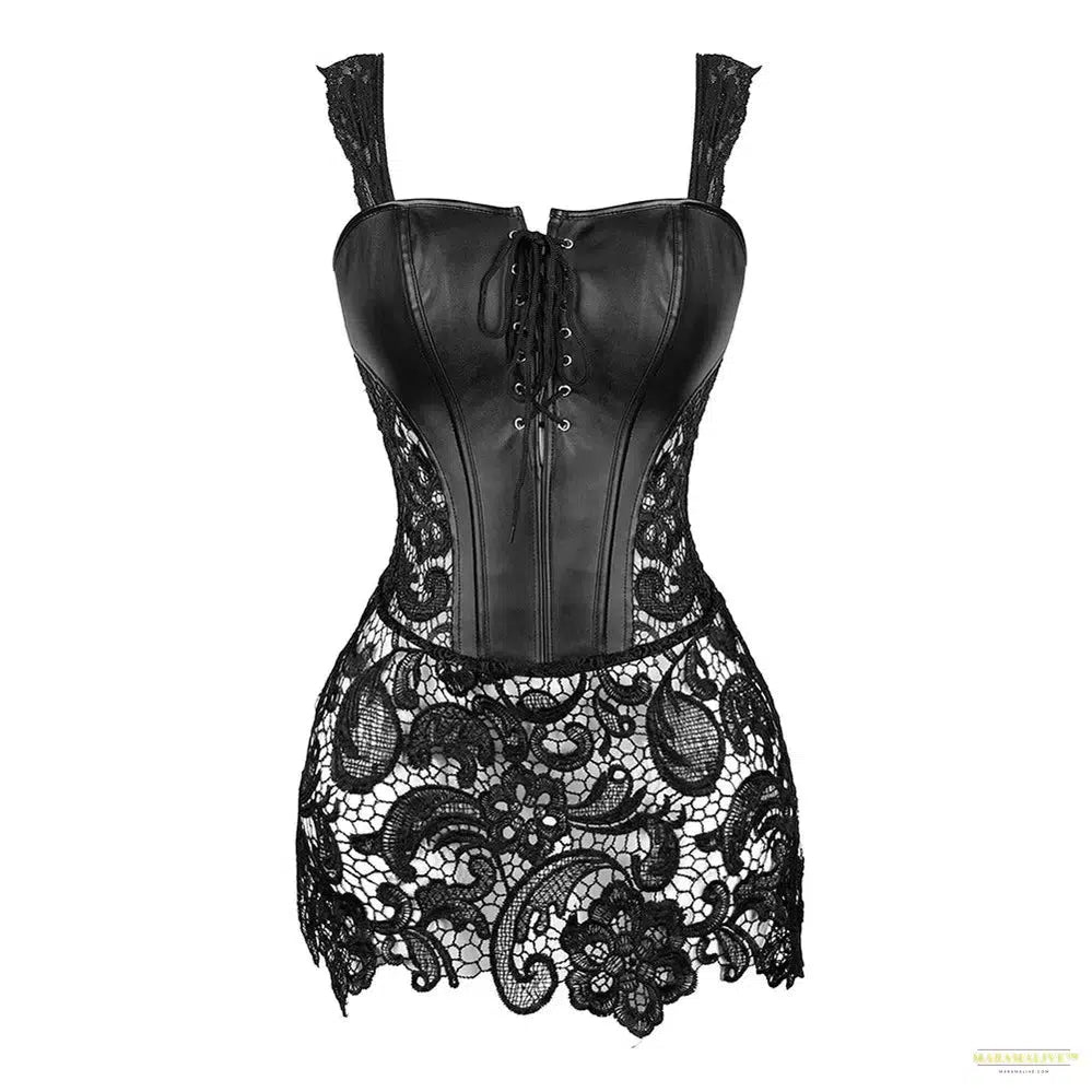 Steampunk Corset Dress Women Gothic Sexy Faux Leather Zipper Bustier Lace Skirt Black Red Corselet Clubwear