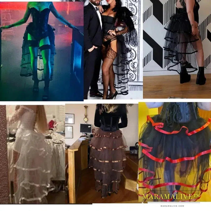 Steampunk Tutu Skirt for Women Gothic Punk Sexy Lolita Cocktail Party Puffy Ruffle Tie Up Bustle Overskirts