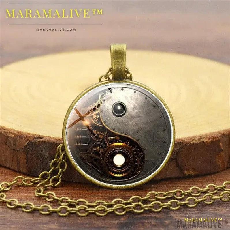 Steampunk Yin Yang time Gem Necklace Pendant