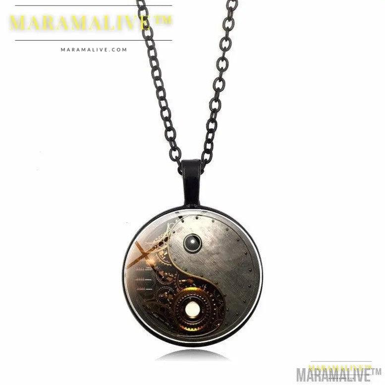 Steampunk Yin Yang time Gem Necklace Pendant