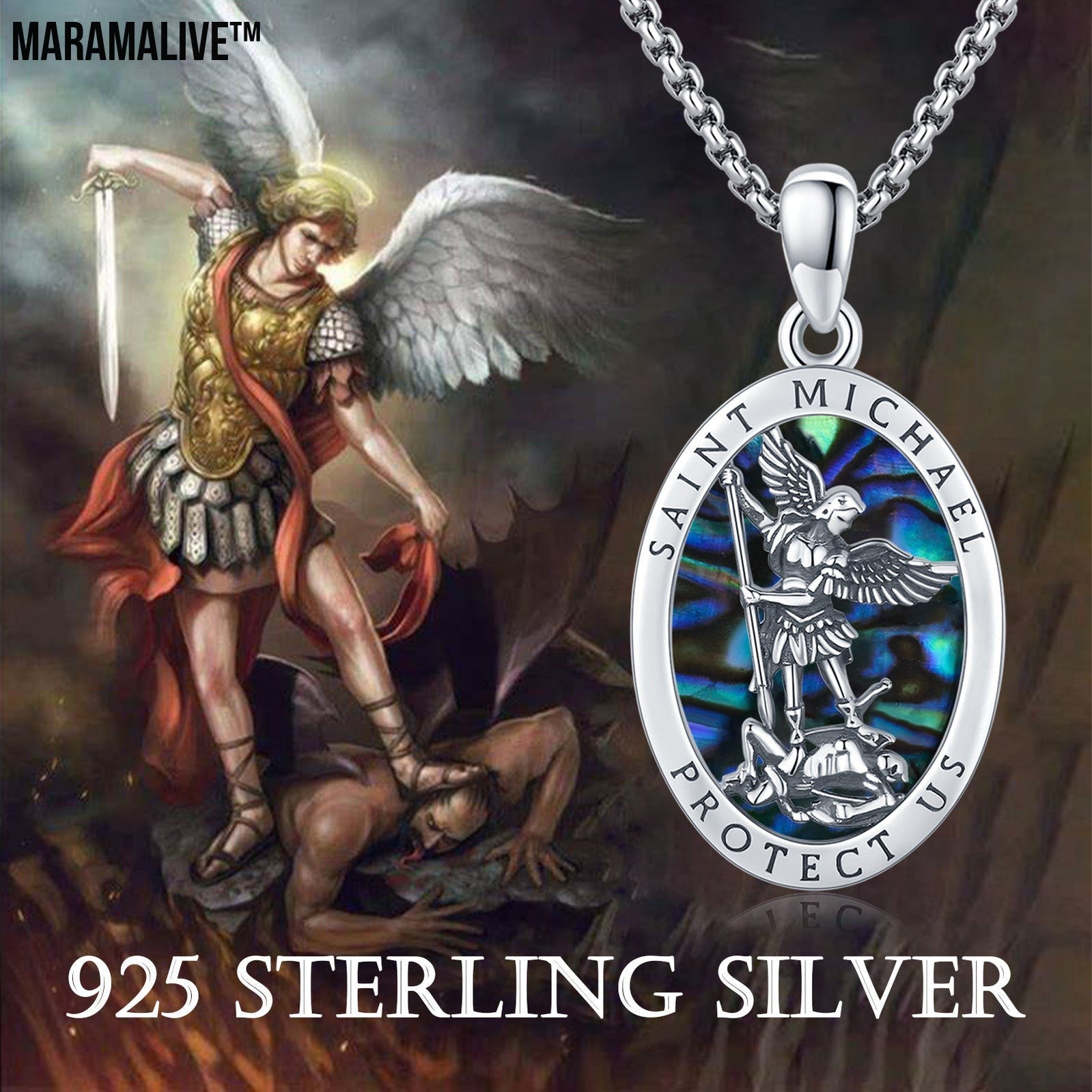 Sterling Silver Abalone Saint Michael Pendant with Pearl Shell