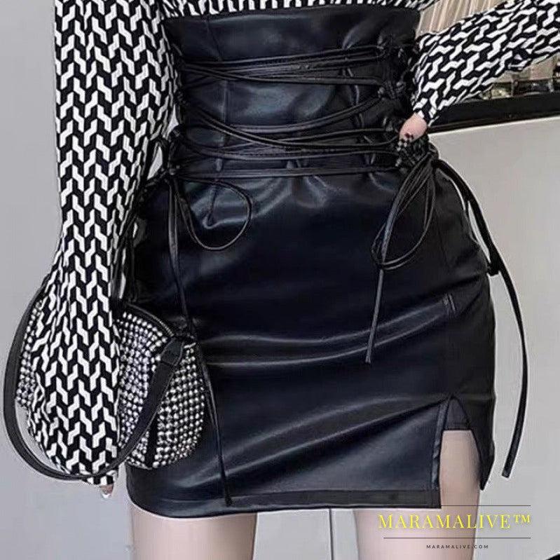 Strap Fashion High Waist Small Leather Skirt