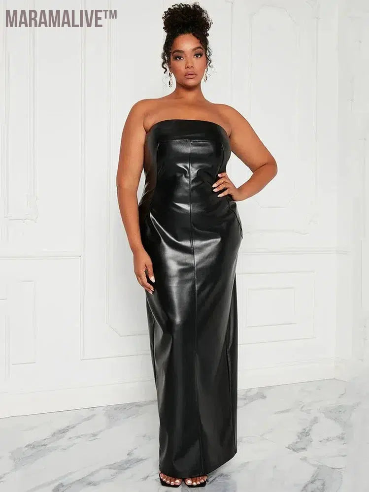 Strapless Plus Size Women Maxi Dress 7XL Vinatge Faux Leather Floor Length Dress Split 6XL Ladies PU Nightclub Party Dress 5XL