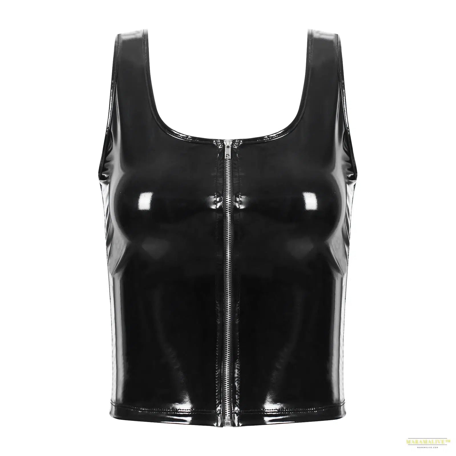 Strappy Sexy Gothic Punk Camisole Wet Look Patent Leather Tank Top Female Front Zipper Tank Vest Tops