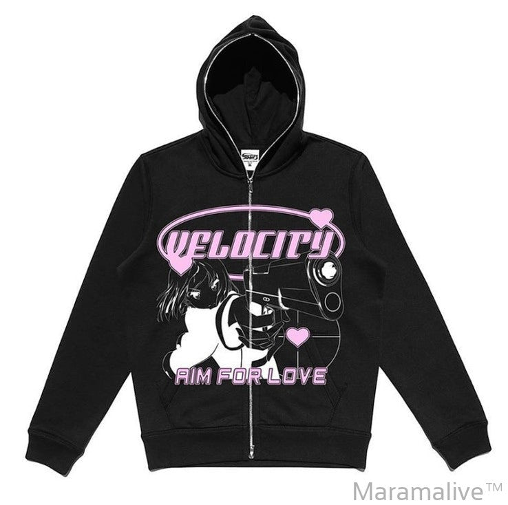 Street Hip Hop Gothic Black Zip Hoodie Women