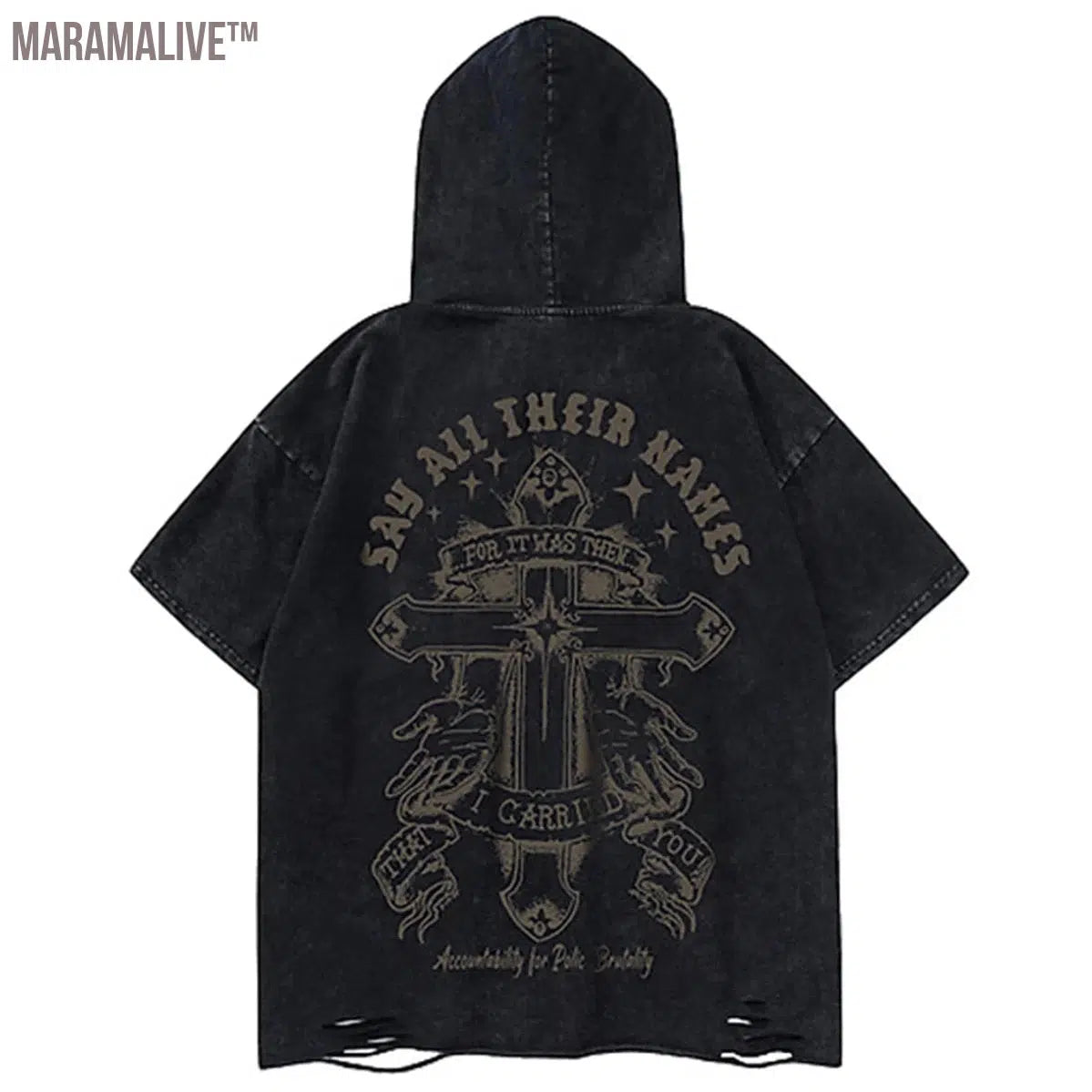 Streetwear Hooded T Shirts Printed Ripped Harajuku Hip Hop T-shirts Men Summer Fashion Devil Horn Oversized Tee Loose Cotton Top