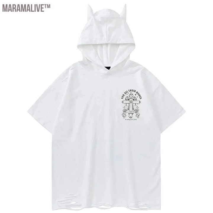 Streetwear Hooded T Shirts Printed Ripped Harajuku Hip Hop T-shirts Men Summer Fashion Devil Horn Oversized Tee Loose Cotton Top