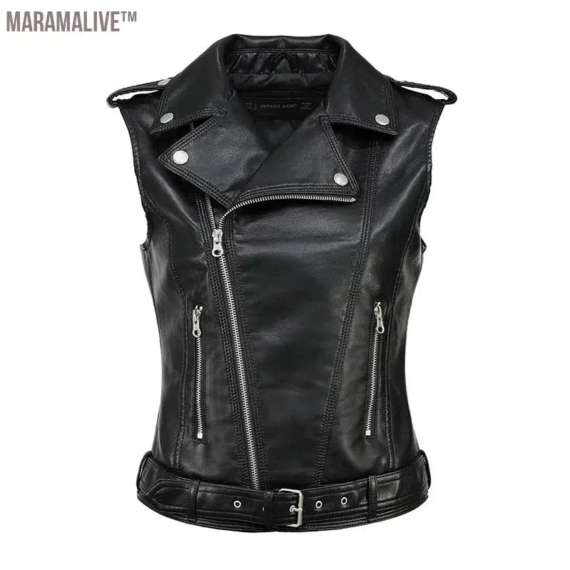 Streetwear Women Soft PU Vest Female Plus Size 5XL Faux Sheepskin Lapel Coat Moto Biker Waistcoat Sleeveless Leather Jacket