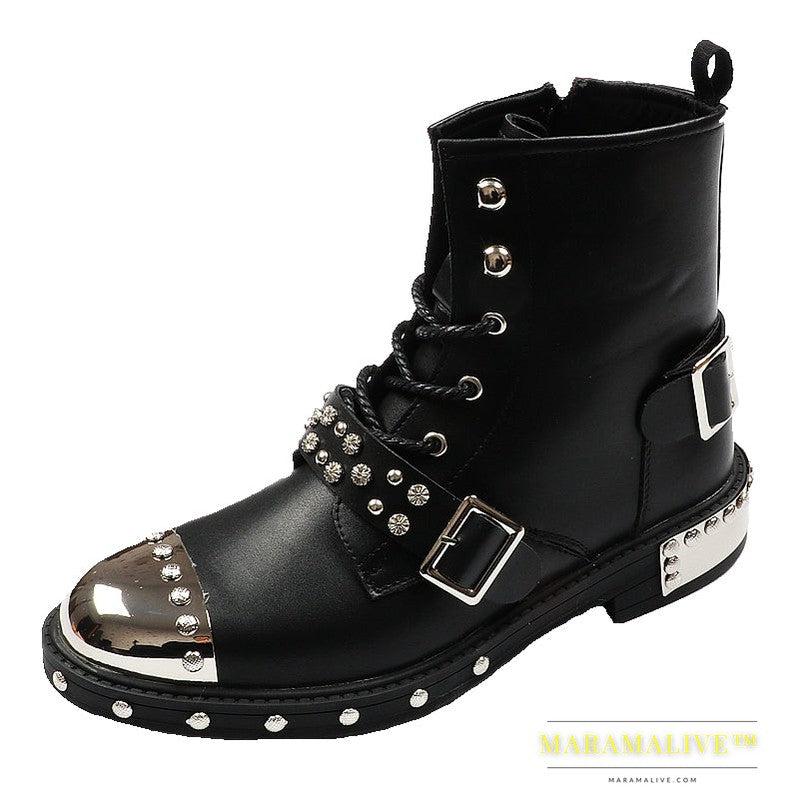 Studded Flat Heel Men's Round Toe Viscose Boots