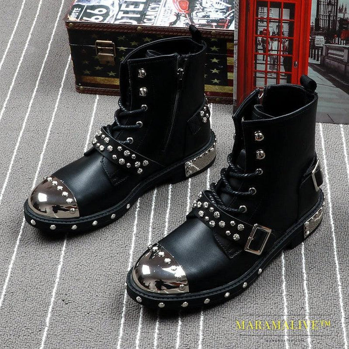 Studded Flat Heel Men's Round Toe Viscose Boots