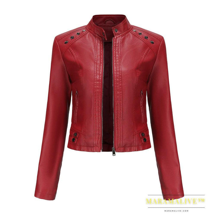 Studded Leather Women Short Jacket Long Sleeves