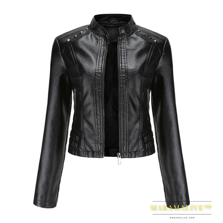 Studded Leather Women Short Jacket Long Sleeves