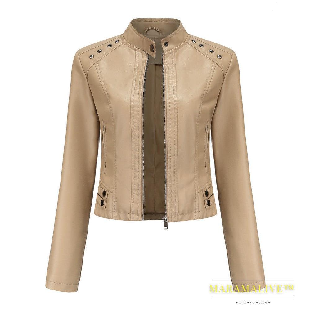 Studded Leather Women Short Jacket Long Sleeves