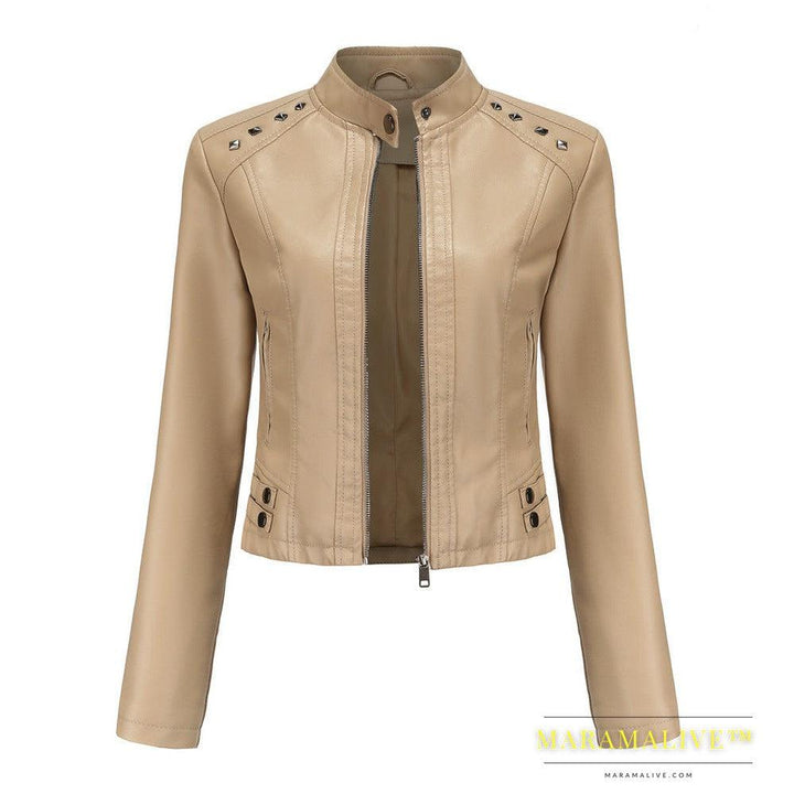 Studded Leather Women Short Jacket Long Sleeves