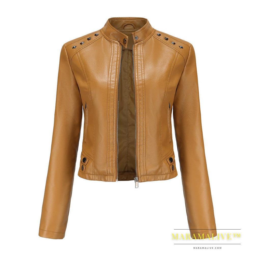 Studded Leather Women Short Jacket Long Sleeves