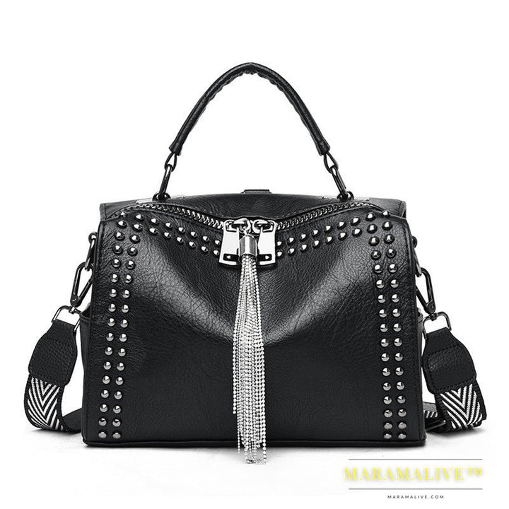 Studded Pillow Bag Soft Leather Retro One-shoulder Diagonal Bag All-match Tassel Handbag Multi-purpose Ladies Backpack