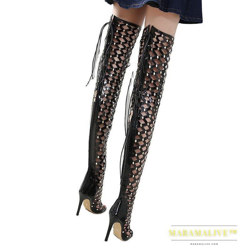 Studded Solid Color Cutout High Heel Boots