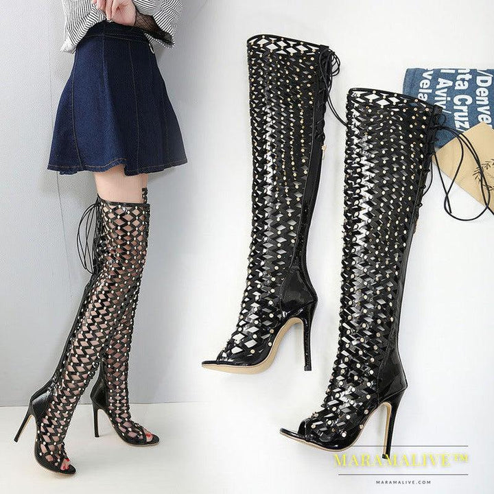 Studded Solid Color Cutout High Heel Boots