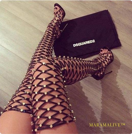 Studded Solid Color Cutout High Heel Boots