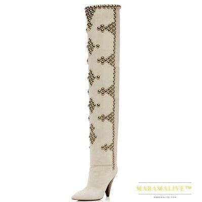 Studded Wedge Heel Point Toe Over-the-knee Boots