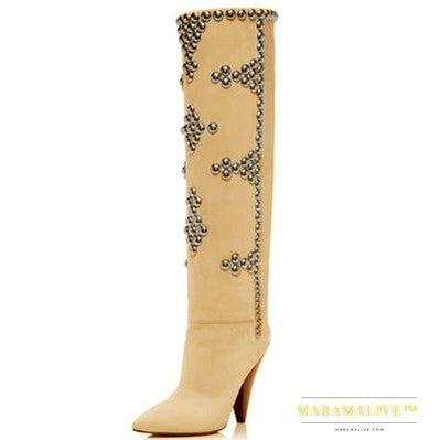 Studded Wedge Heel Point Toe Over-the-knee Boots