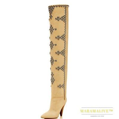 Studded Wedge Heel Point Toe Over-the-knee Boots