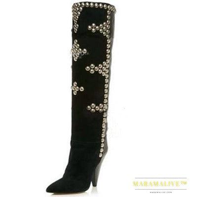 Studded Wedge Heel Point Toe Over-the-knee Boots