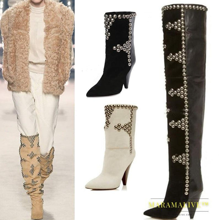 Studded Wedge Heel Point Toe Over-the-knee Boots