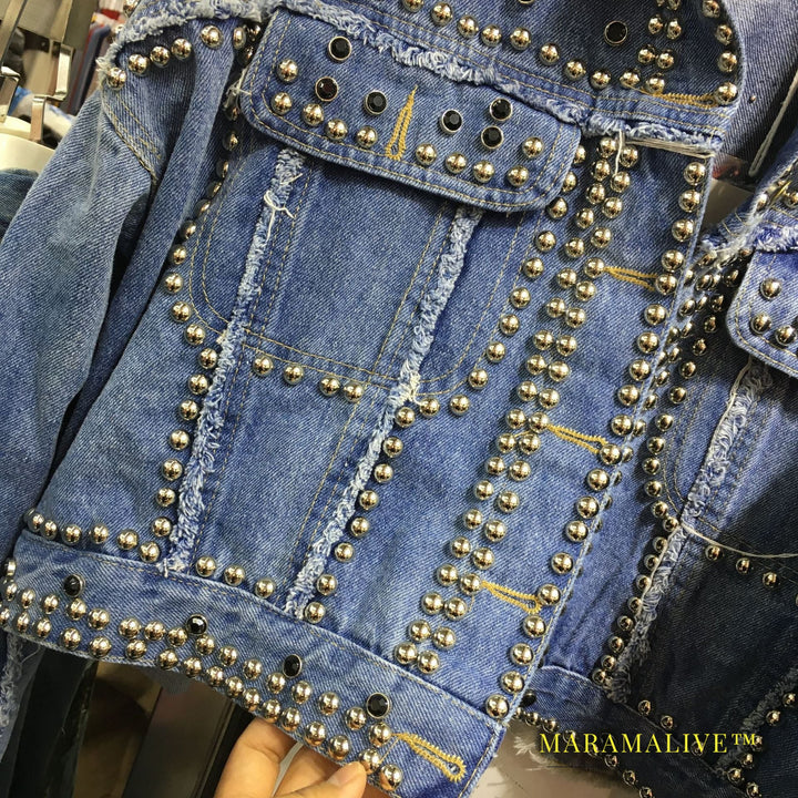 Studded and diamond short denim jacket