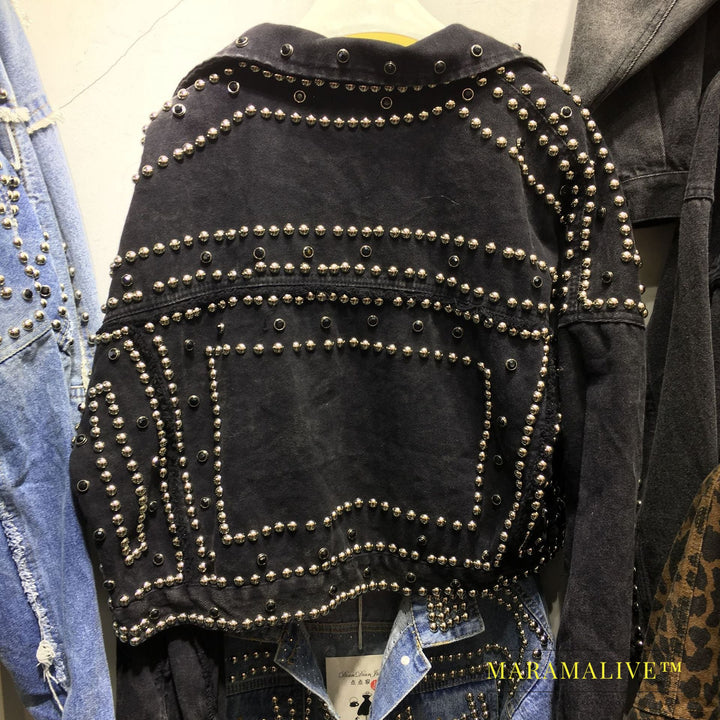 Studded and diamond short denim jacket