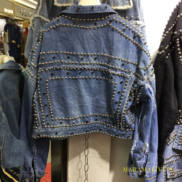 Studded and diamond short denim jacket