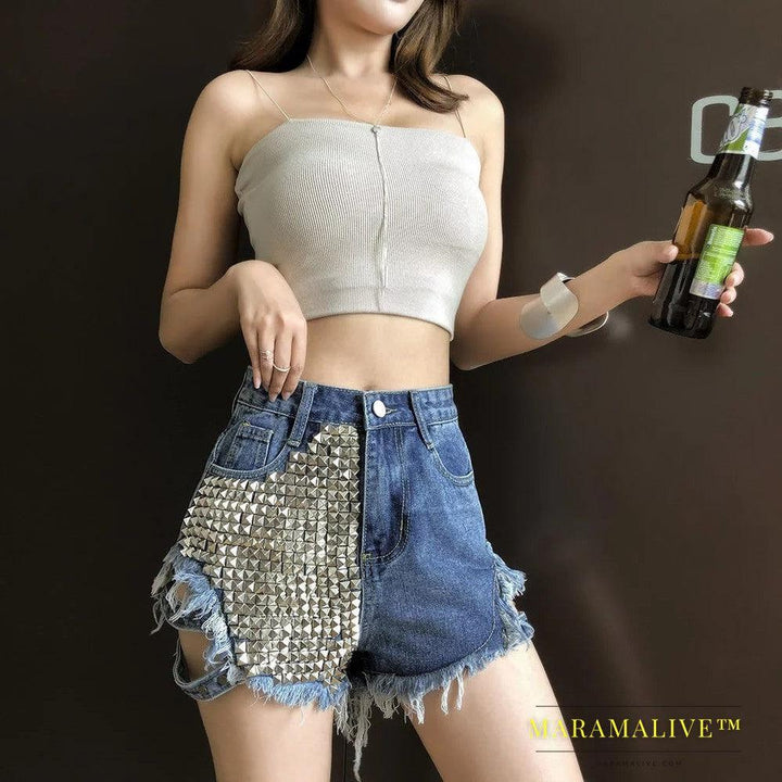 Studded denim shorts with loose high waist